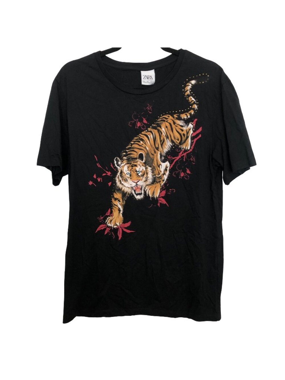 Zara Black Tiger Front Print Round Neck Short Sleeve Top L